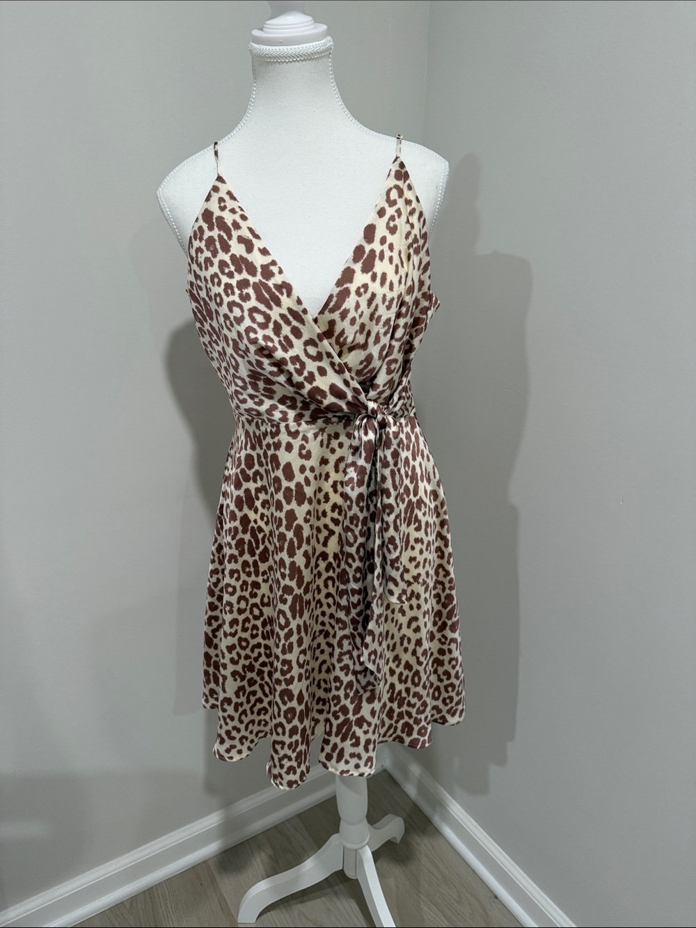 Express Leopard Print Spaghetti Strap Wrap Mini Dress - Brown/Cream